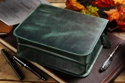 Galen Leather Zippered 40 Slot Pen Case - Crazy Horse Forest Green -Office Tools GalenLeather Zippered40SlotPenCase CrazyHorse ForestGreen 1
